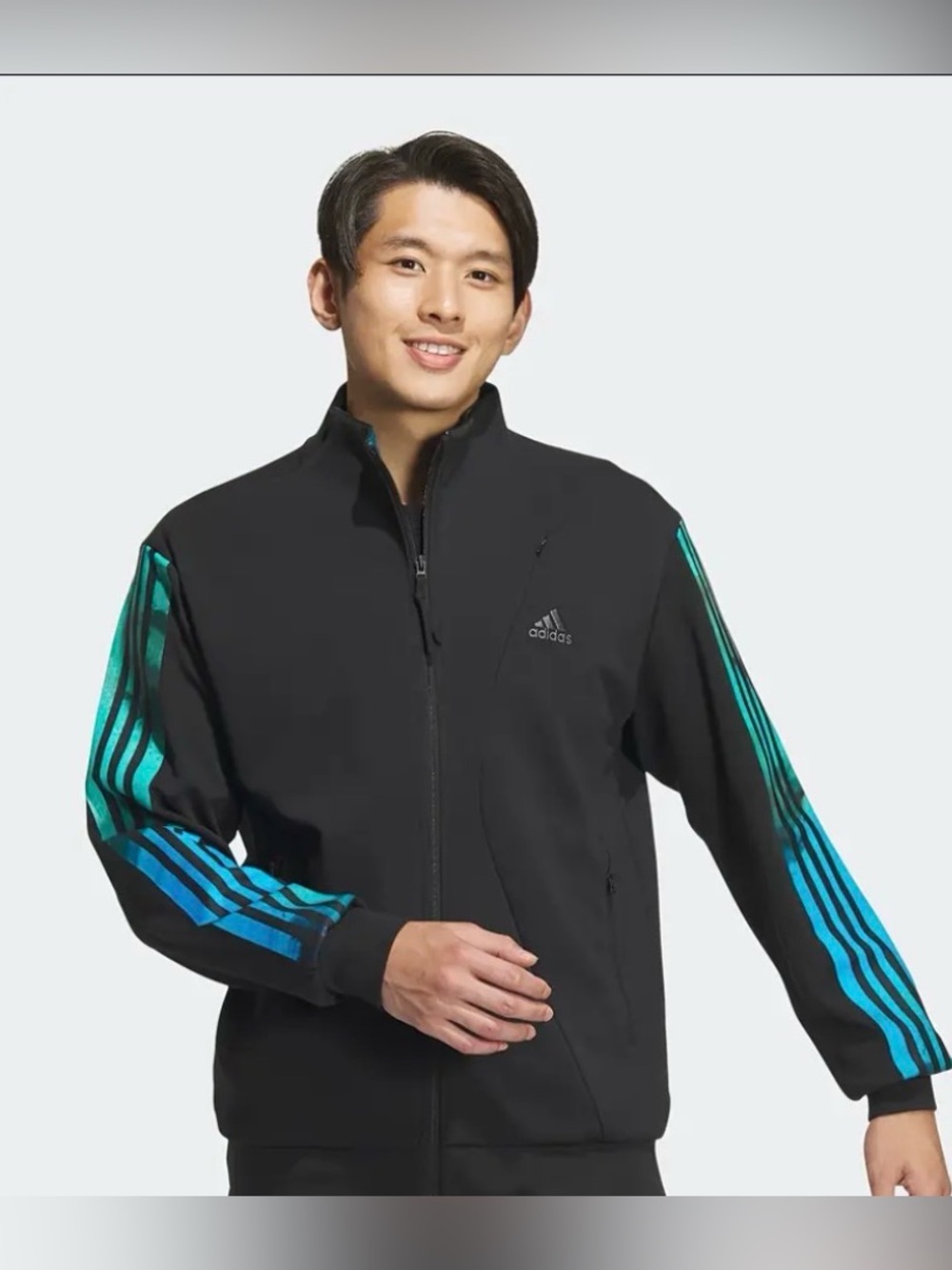 Adidas Gradient 3-Stripes Tricot Track Jacket, black, green to blue stripes, EUC